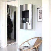 Hoge biohaard in roestvrij staal. Brandtijd 5 uur. Maat: 80 x 48 x 20 cm.