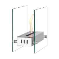 Tafel biohaard in glas met een stalen brander. Brandtijd: 2-3 uur. Maat: H: 28 x B: 35 x D: 12 cm