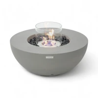 Ronde grijze bio-ethanol vuurtafel met bronzen glaskiezels en windscherm