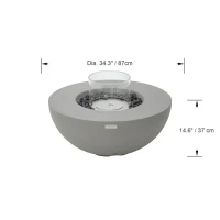 Ronde grijze bio-ethanol vuurtafel met bronzen glaskiezels en windscherm