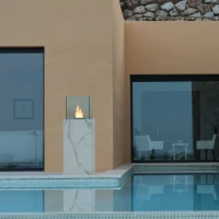 Planika Porto automatische BEV bio-ethanolhaard met Dekton platen in marmeren afwerking