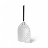 Geperforeerde 30 cm aluminium pizzalepel met zwarte afneembare handgreep