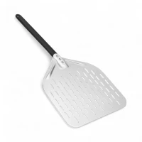 Geperforeerde 30 cm aluminium pizzalepel met zwarte afneembare handgreep
