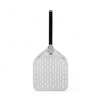 Geperforeerde aluminium pizzaschep van 33 cm met zwarte afneembare handgreep