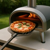 Zwart geanodiseerd aluminium pizzaschep met een geperforeerd blad van 33 cm en een afneembare steel.