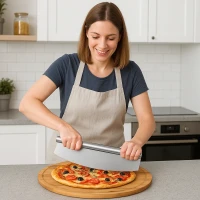 Gebogen pizzaroller van roestvrij staal met ergonomische handgreep in metallic look