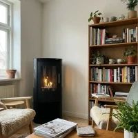 Lincoln bio-ethanol haard in houtkachelontwerp - zwarte afwerking, vrijstaande versie, milieuvriendelijk en elegant.