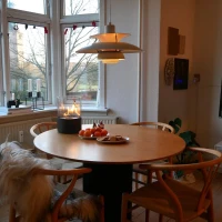 Kleine ronde tafelhaard met een zwarte onderzijde die super eenvoudig is om te verplaatsen. Maat H: 27 x &Oslash;: 20 cm.