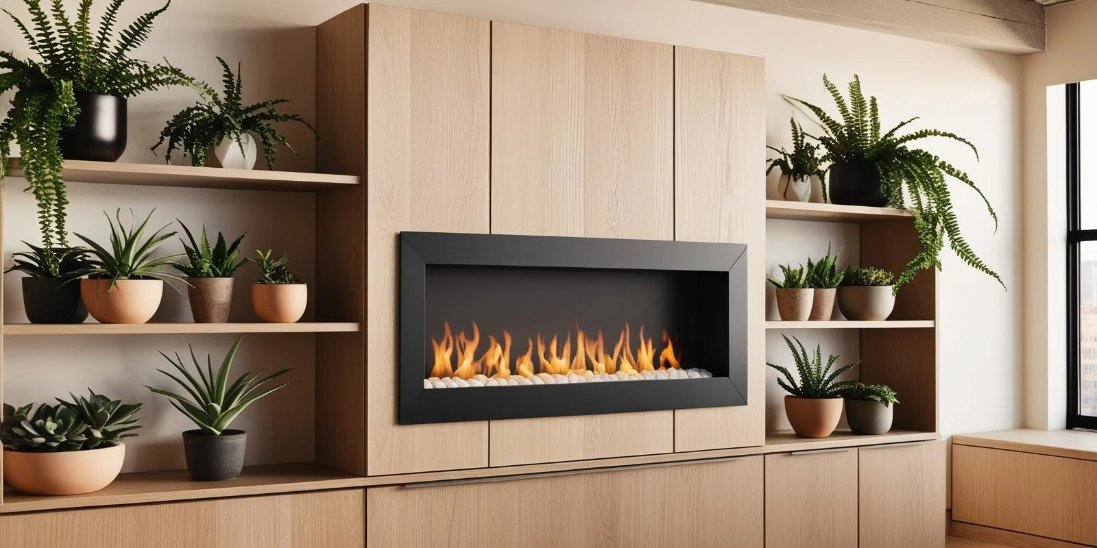 parete attrezzata con camino bioetanolo e tv