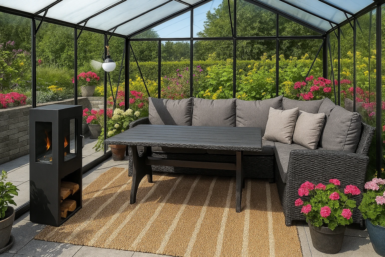 veranda con fiori e biocamino